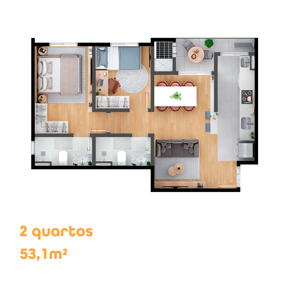 Planta Tipo 2 quartos, 53,01 m²