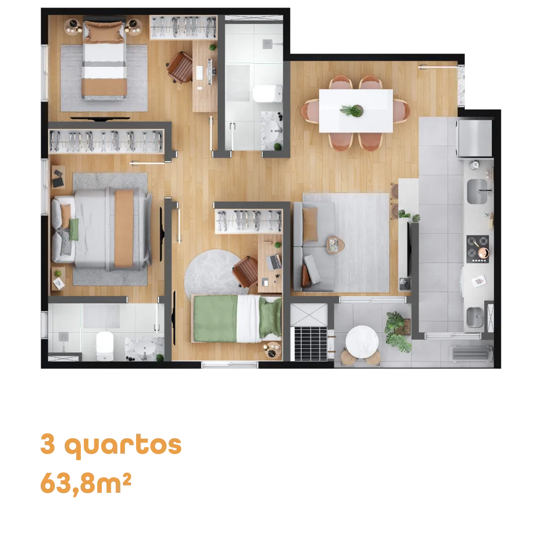 Planta Tipo 3 quartos, 63,80 m²
